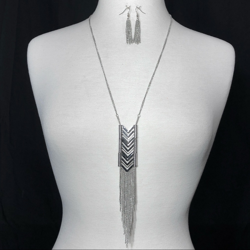 Long Chevron Tassel Silver Necklace Earrings Set